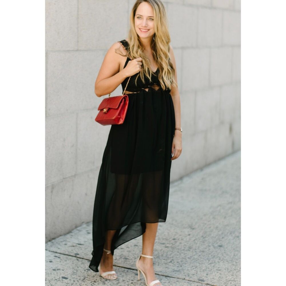 Bailey 44 Black Sleeveless V-Neck Dead River Midi Dress Asymetrical NWT Size‎ 4